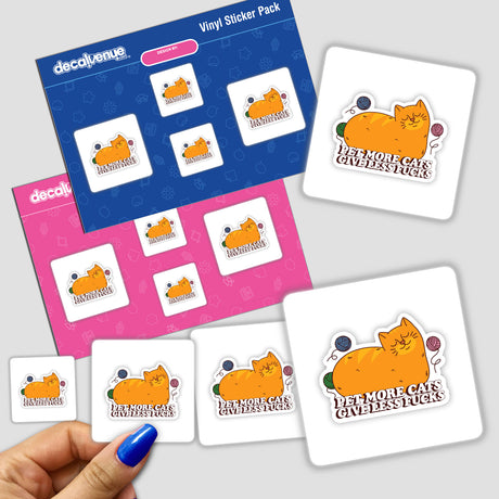 Stickers featuring playful cat designs, highlighting the theme Pet More Cats Give Less Fu**s, perfect for adding humor and charm to surfaces.