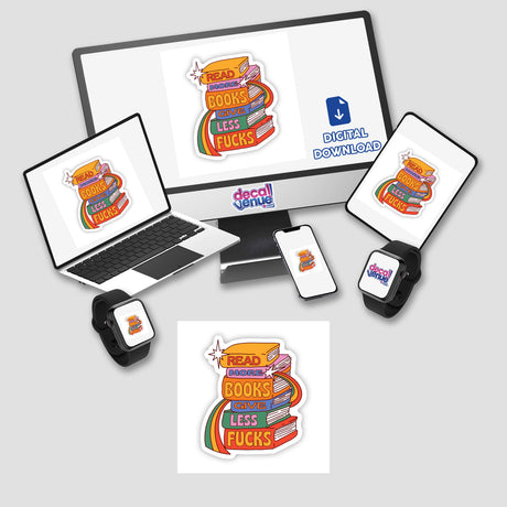 Read More Books Give Less Fu**s sticker depicting a stylized stack of books, available as a vinyl sticker or digital artwork, ideal for book lovers from Decal Venue.
