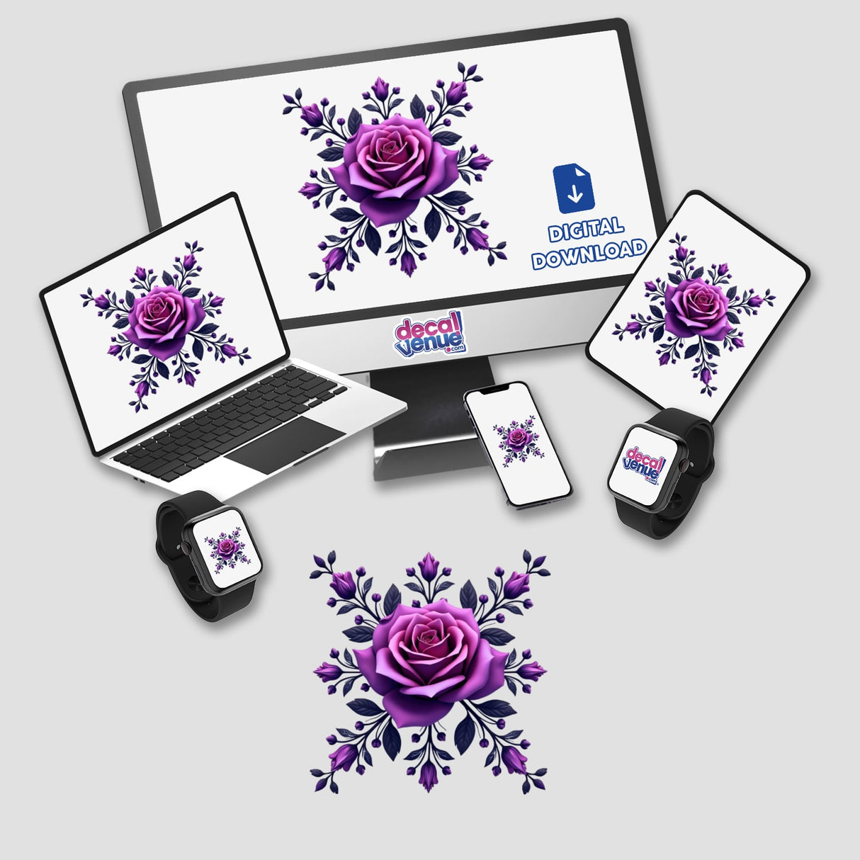 Elegant Purple Rose Clipart - Stickers or Commercial Use Download: A computer monitor and laptop displaying purple roses, showcasing the digital artwork available for stickers or commercial use.