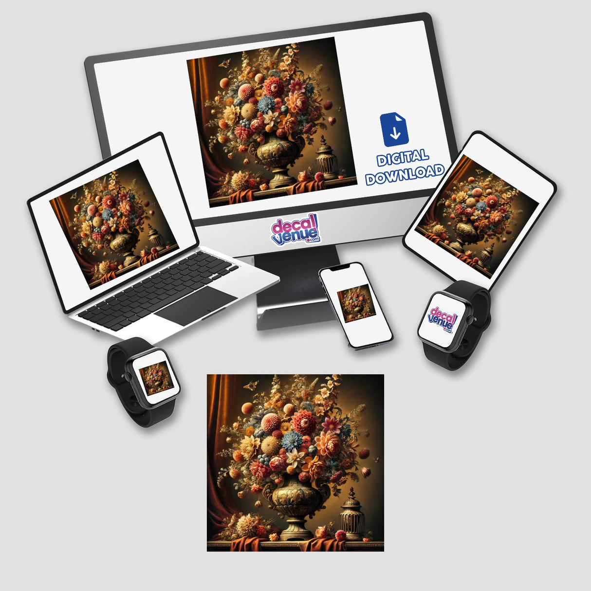 Laptop and tablet displaying Floral Baroque - Ornate Still Life with Surreal Blooms, featuring a vase of flowers, available as stickers or digital artwork.