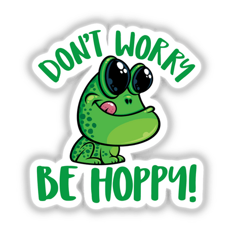 Don't Worry Be Hoppy Smiling Cartoon Frog sticker featuring a cheerful green frog with big eyes, perfect for adding a playful touch to any space. Available as vinyl sticker or digital artwork.