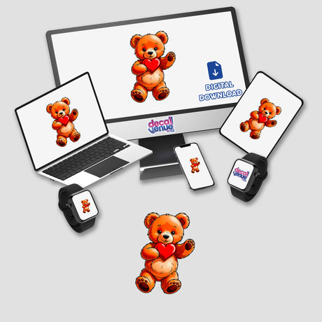 Cute Valentine's Day Teddy Bear artwork on a computer monitor and laptop screen, available as stickers or digital art. Displayed are cartoons of teddy bears holding hearts.