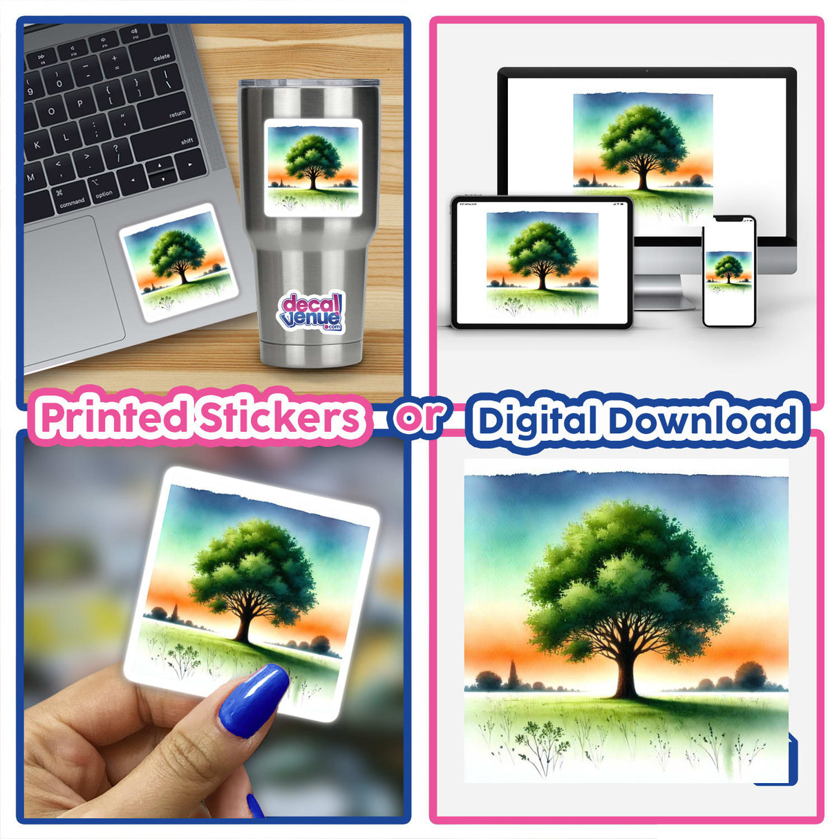Solitary Tree in Sunset Field - Boho Watercolor Art: a collage featuring a tree in various settings, including a sunset field, available as stickers or digital artwork.