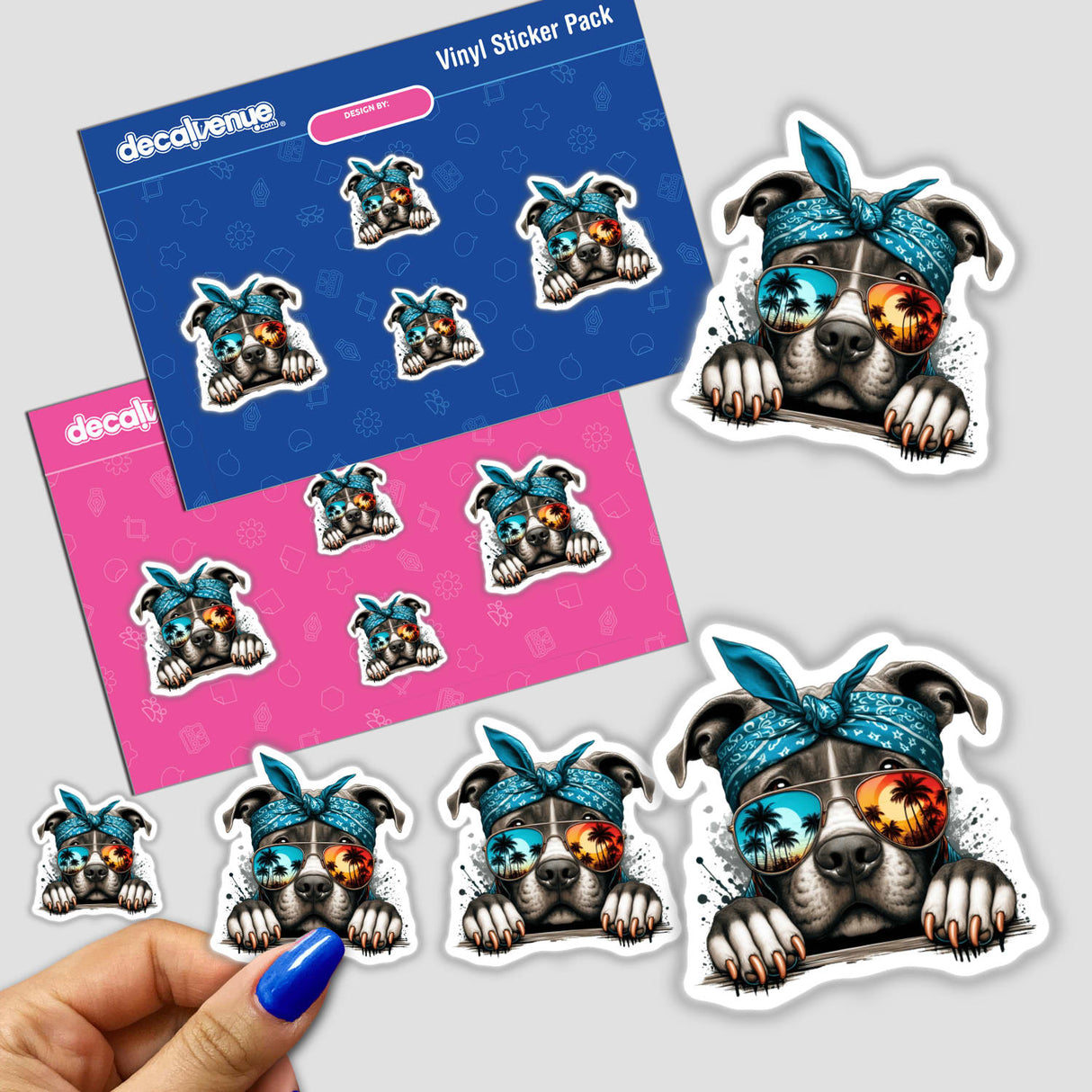 Tupac Style Pitbull Dog sticker featuring a cartoon dog wearing sunglasses and a bandana, available as both stickers and digital artwork from Decal Venue.