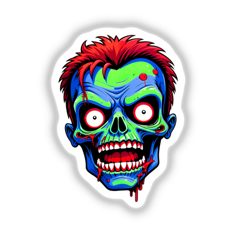 A Cool Neon Punk Zombie Skull cartoon illustration, available as stickers or digital art, featuring vibrant zombie and skull elements. Perfect for unique vinyl sticker enthusiasts from Decal Venue.