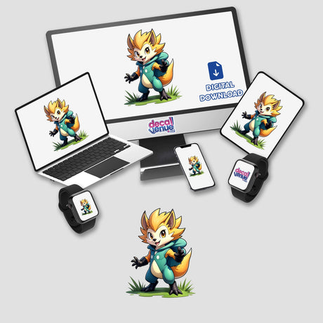 Furry Fighter - Spike Fury The Hedgehog displayed on a laptop screen, featuring a cartoon fox on a mouse pad. Available as stickers or digital artwork from Decal Venue.