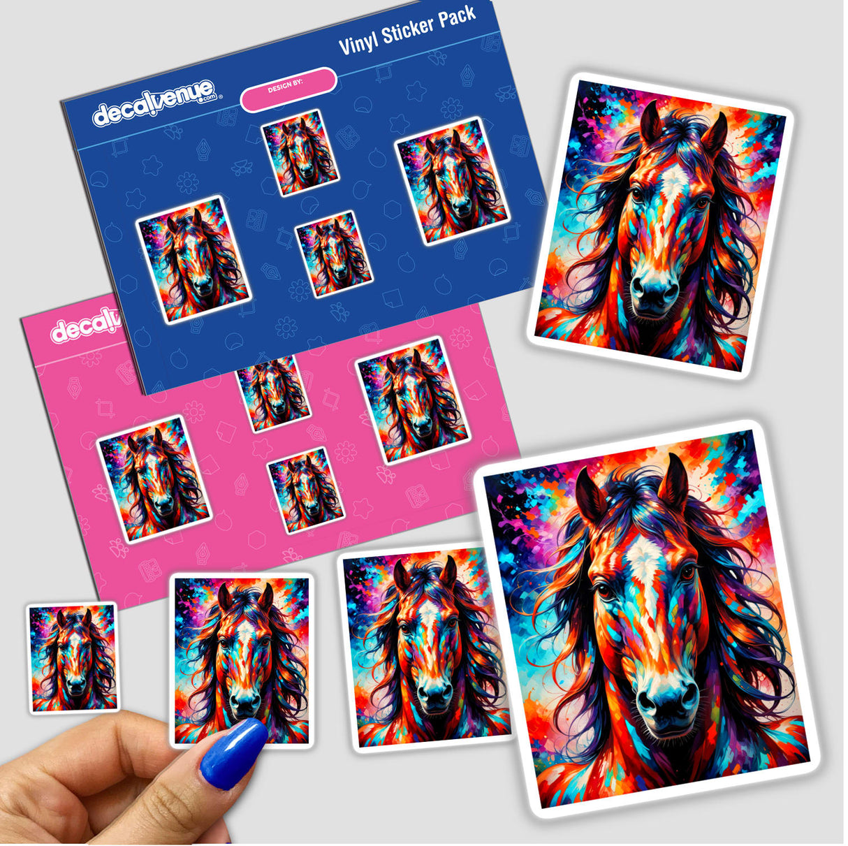 A Cute Horse - Animal Portrait stickers featuring detailed horse illustrations, ideal for art lovers or collectors. A hand is shown holding one sticker, showcasing the design's intricate detail.