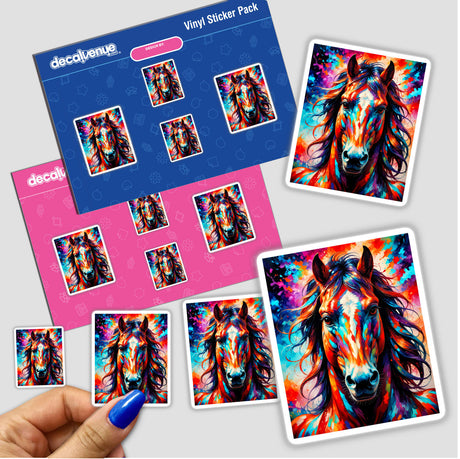 A Cute Horse - Animal Portrait stickers featuring detailed horse illustrations, ideal for art lovers or collectors. A hand is shown holding one sticker, showcasing the design's intricate detail.