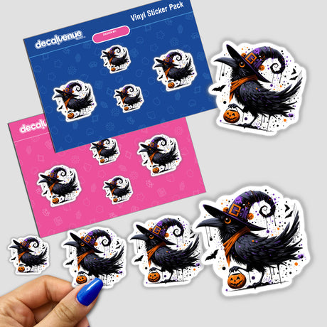 Spooky Halloween Black Raven Bird sticker featuring a crow wearing a hat and holding a pumpkin basket, ideal for seasonal decor from Decal Venue.