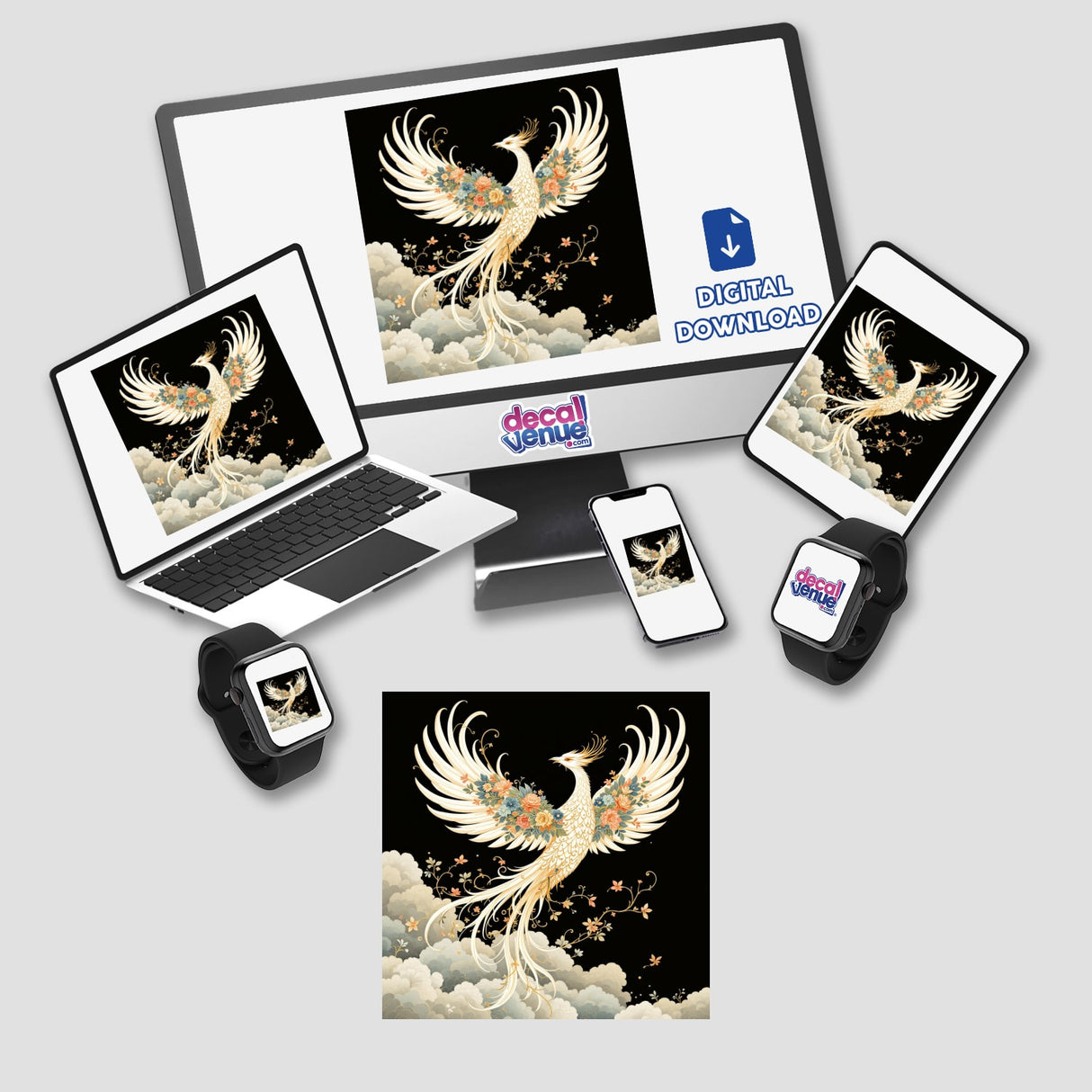 Chinoiserie Phoenix digital artwork displayed on various devices, featuring a white phoenix with flowers. Available as stickers or digital art from Decal Venue, known for unique designs.