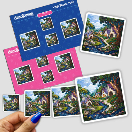 Hand holding Enchanted Forest and Village Mosaic sticker pack featuring vibrant village and river scenes.