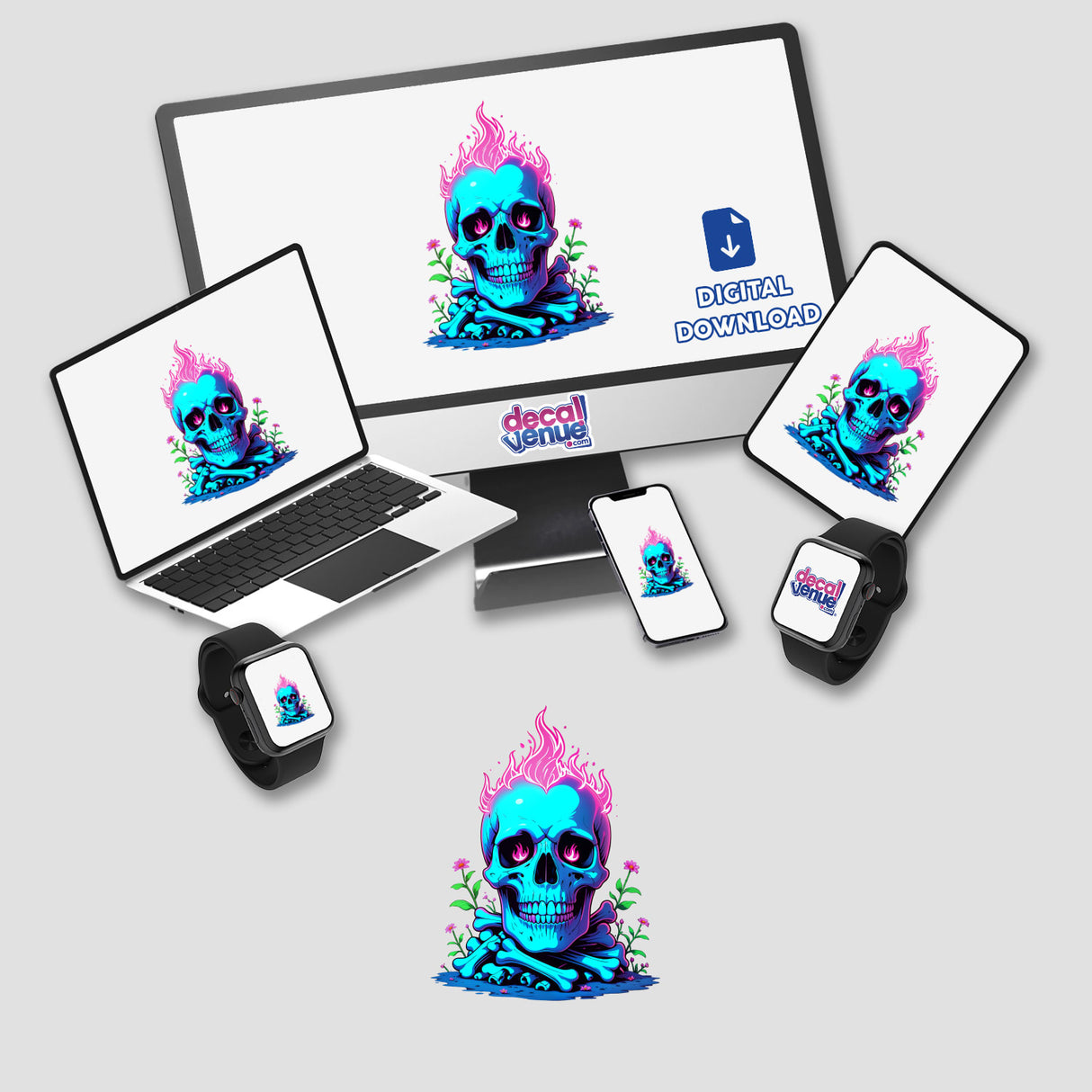 A Skull And Bones On Fire artwork features a skull with pink flames, available as vinyl stickers or digital art, perfect for adding bold, edgy aesthetics to laptops or decor.