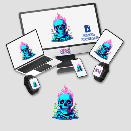 A Skull And Bones On Fire artwork features a skull with pink flames, available as vinyl stickers or digital art, perfect for adding bold, edgy aesthetics to laptops or decor.