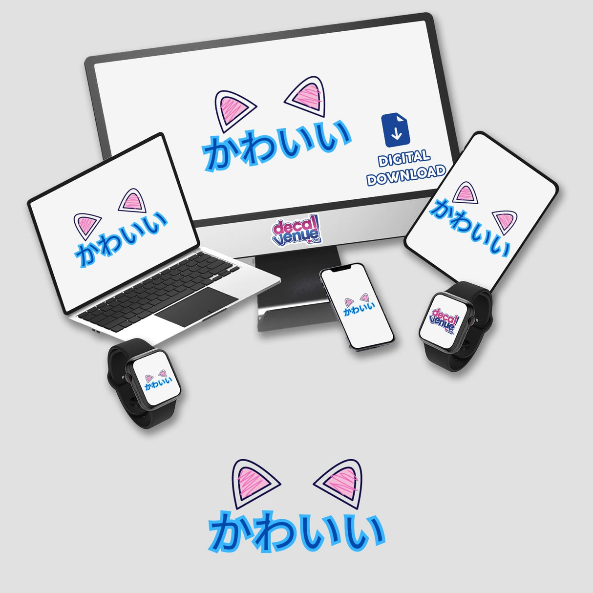 Kawaii - Japanese themed digital artwork featuring a computer setup with a monitor, laptop, phone, and smartwatch. Available as stickers, ideal for tech and kawaii enthusiasts.