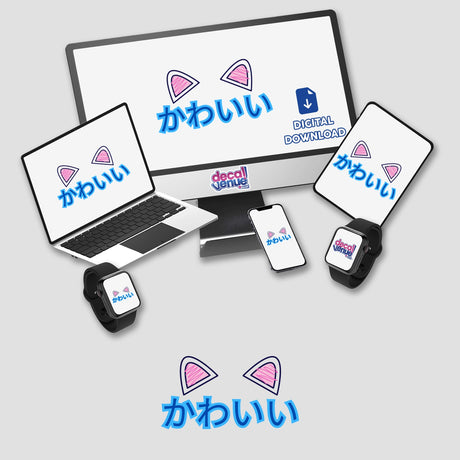 Kawaii - Japanese themed digital artwork featuring a computer setup with a monitor, laptop, phone, and smartwatch. Available as stickers, ideal for tech and kawaii enthusiasts.