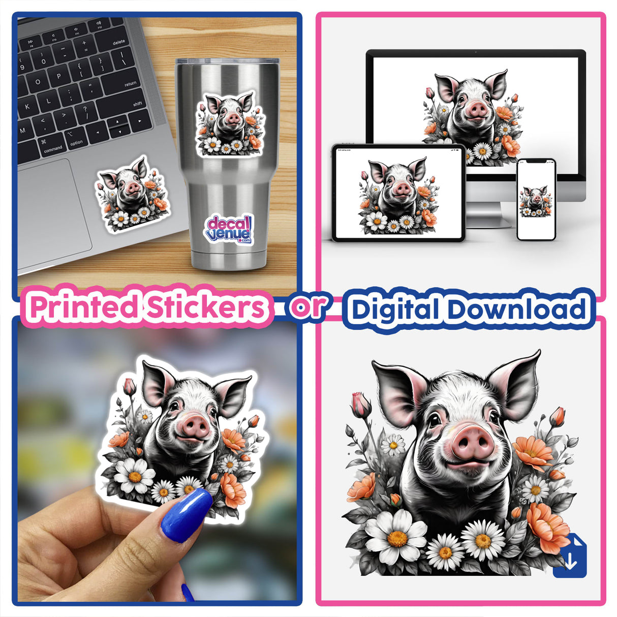 Pig Portrait with Floral Accents - Whimsical digital artwork featuring an illustrated pig with colorful floral elements, available as a printed sticker or digital download from Decal Venue.