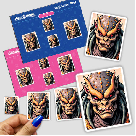 A Cool Alien Predator Soldier sticker featuring cartoon monsters, shown with a hand holding one. Available as unique vinyl stickers or digital artwork from Decal Venue.