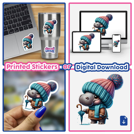 Hippo Gnome with Umbrella, available as Stickers or Digital Artwork, cute hippo in winter attire holding an umbrella, perfect for laptops, tumblers, and digital devices.