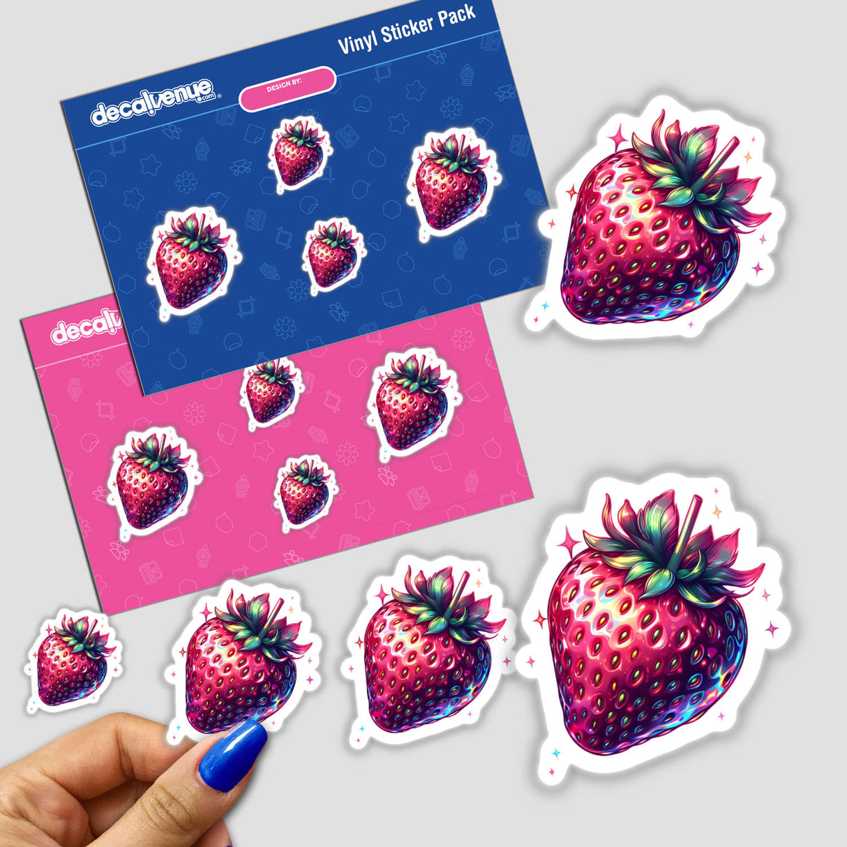 Strawberry-themed stickers and digital artwork, showcasing detailed depictions of strawberries, available at Decal Venue, known for unique vinyl stickers and digital art.
