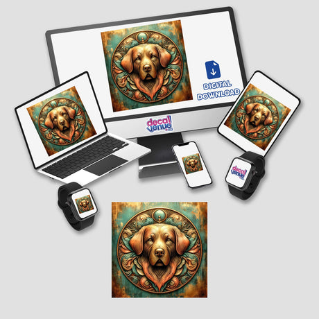 Golden Retriever digital art medallion on multiple devices, displayed in a digital store.