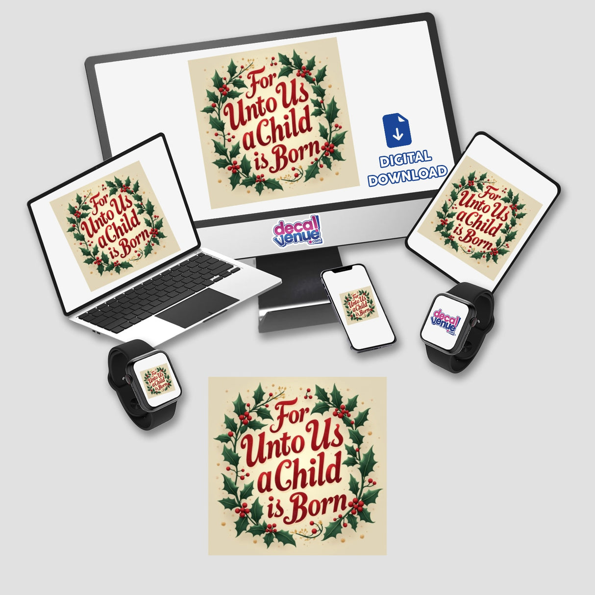 Christmas-themed digital artwork and stickers titled 'For Unto Us a Child is Born' (Isaiah 9:6), showcasing a festive design, available for commercial rights download from Decal Venue.