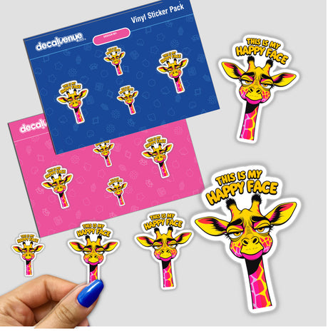 This Is My Happy Face Cute Grumpy Giraffe sticker pack features cartoon giraffes in various poses, held in a hand, perfect for adding character to any surface.