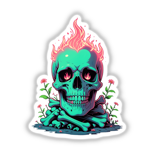 A Skull And Bones On Fire artwork featuring a flaming skull illustration, available as a bold sticker or digital art, perfect for adding an edgy touch to personal spaces.