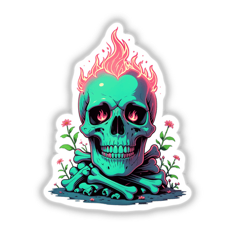 A Skull And Bones On Fire artwork featuring a flaming skull illustration, available as a bold sticker or digital art, perfect for adding an edgy touch to personal spaces.