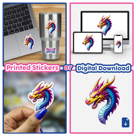 A Cool Fantasy Dragon sticker collage, showcasing vibrant dragon designs applied on items like a cup, laptop, and more. Available as stickers or digital artwork from Decal Venue.