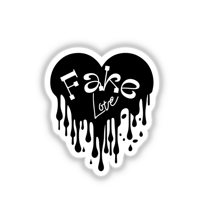 Black and white heart design titled Fake Love, featuring dripping paint and stylized text. Available as stickers or digital artwork from Decal Venue, specializing in unique decals and digital art.