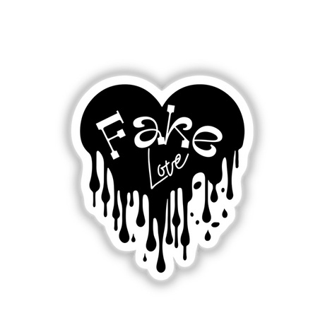 Black and white heart design titled Fake Love, featuring dripping paint and stylized text. Available as stickers or digital artwork from Decal Venue, specializing in unique decals and digital art.