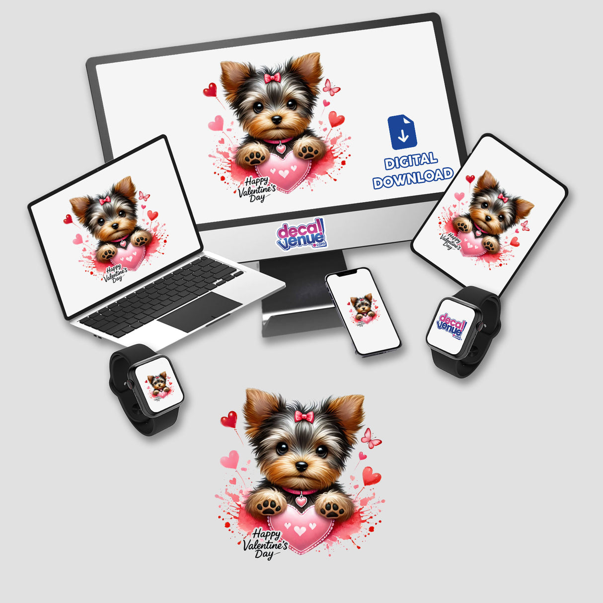 Valentine's Day Yorkie Dog Splatter Hearts design featuring a Yorkshire Terrier with vibrant splattered hearts on a digital screen, highlighting Decal Venue's unique sticker and digital art collection.