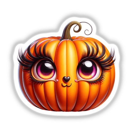 Cartoon pumpkin with a cat face and eyelashes, perfect for autumn decor or festive projects.