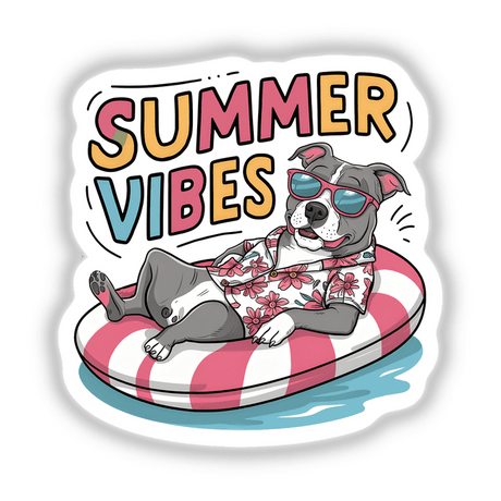 Cheerful summer-themed digital art featuring a pitbull dog reclining on a colorful inflatable pool float, wearing sunglasses and a tropical shirt, displaying the text "Summer Vibes".