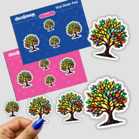 Tree Stained Glass Style stickers showcase vibrant tree designs in a whimsical cartoon style, available as both physical stickers and digital artwork from Decal Venue.