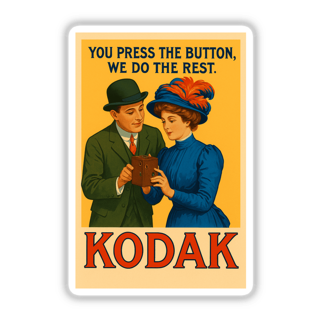 1912 Kodak “You Press the Button, We Do the Rest” Printable or Sticker featuring a man and woman with a camera, capturing early 20th-century style and vintage advertising charm.