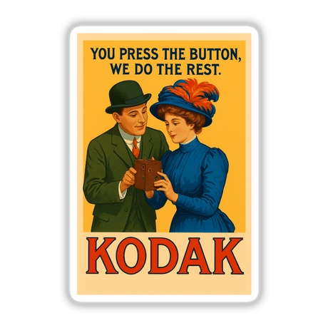 1912 Kodak “You Press the Button, We Do the Rest” Printable or Sticker featuring a man and woman with a camera, capturing early 20th-century style and vintage advertising charm.