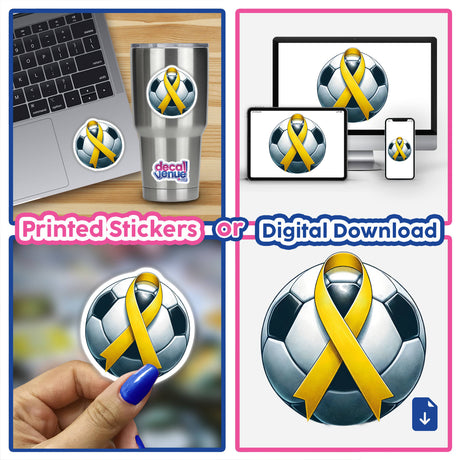 Yellow Ribbon Soccer Ball collage featuring a football with yellow ribbons, a laptop with a yellow ribbon sticker, and close-up details of a sticker. Available as Stickers or Digital Artwork.