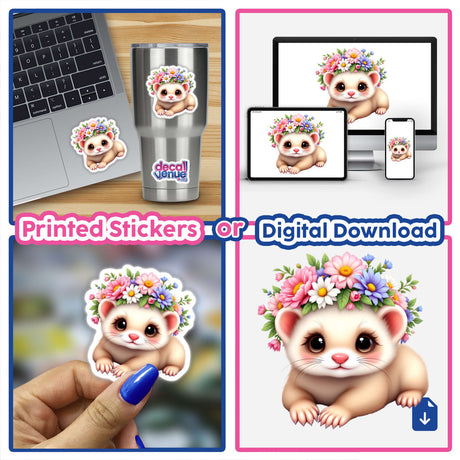 Cute Ferret with a Whimsical Flower Crown stickers and digital art collage, featuring cartoon ferrets adorned with floral crowns suitable for laptops, cups, and various items.
