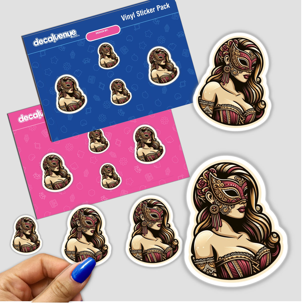 Sticker featuring a close-up of a masked woman's face, highlighting intricate details, available as a physical sticker or digital artwork.
