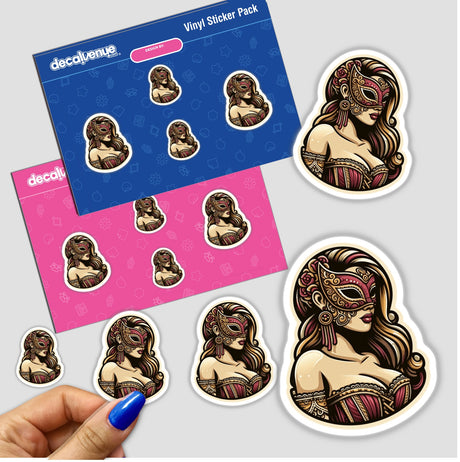 Sticker featuring a close-up of a masked woman's face, highlighting intricate details, available as a physical sticker or digital artwork.