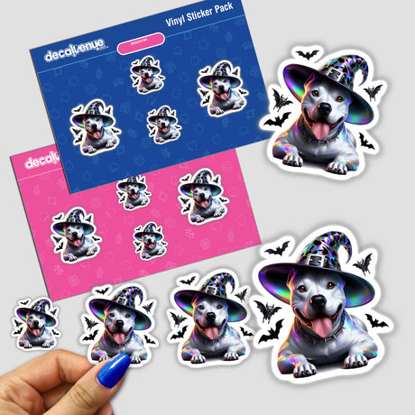 Happy White Halloween Pitbull Dog - Colorful digital artwork featuring a smiling pitbull dog wearing a witch hat, surrounded by bats, on a vinyl sticker pack for the Decal Venue online store.