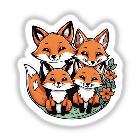 Cute Fox Family - Adorable digital artwork featuring a group of playful foxes surrounded by flowers, showcasing the whimsical and charming designs from the Decal Venue store.