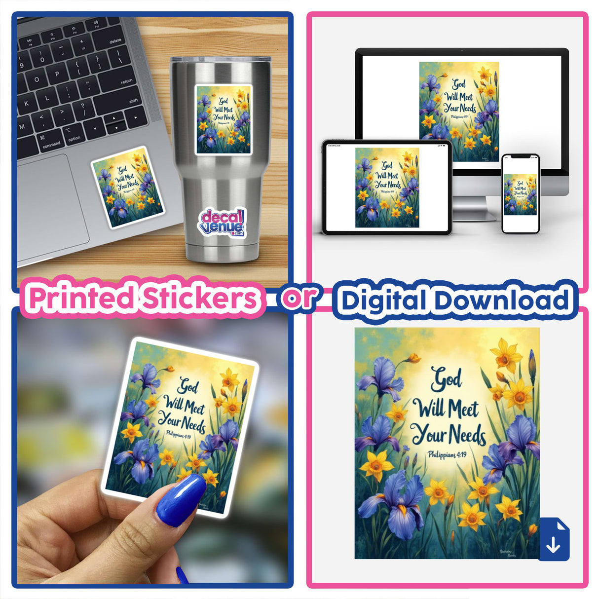 Fauvist Spring Daffodil “God Will Meet Your Needs” Philippians 4:19 Sticker or Clipart, featuring vibrant floral design on a laptop, available as digital artwork or sticker with commercial rights.