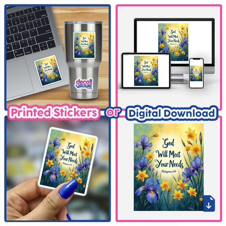 Fauvist Spring Daffodil “God Will Meet Your Needs” Philippians 4:19 Sticker or Clipart, featuring vibrant floral design on a laptop, available as digital artwork or sticker with commercial rights.
