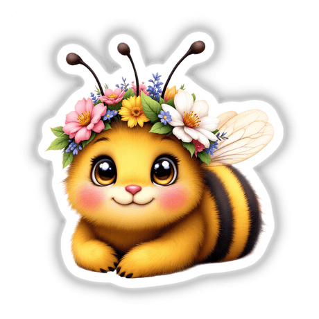 Charming Bee Wearing a Vibrant Flower Crown, depicted as a cartoon bee with colorful flowers on its head, available as stickers or digital art from Decal Venue.