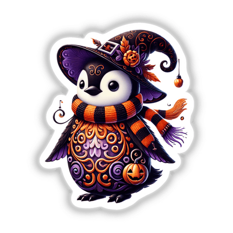 Whimsical Halloween Penguin - Vibrant digital art of a penguin wearing a decorative witch hat with pumpkins and autumn accents