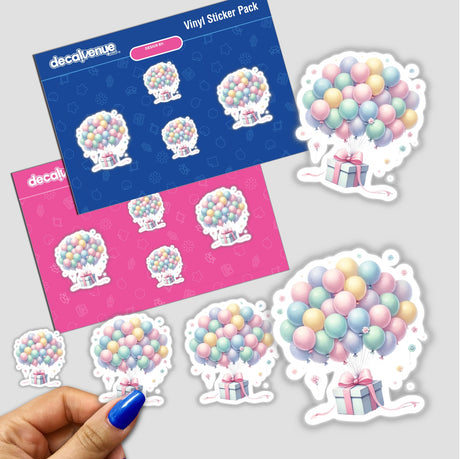 Vibrant pastel-colored balloon bouquets tied to gift boxes, presented in an eye-catching vinyl sticker pack from Decal Venue, a store offering unique stickers and digital art.