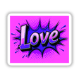 Love Valentine's Day sticker featuring purple and white text with artistic design elements, available as a sticker or digital artwork from Decal Venue.
