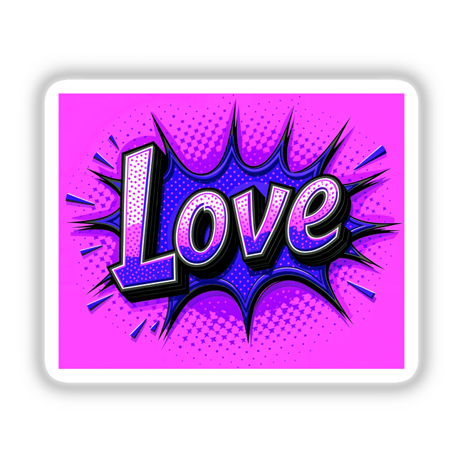 Love Valentine's Day sticker featuring purple and white text with artistic design elements, available as a sticker or digital artwork from Decal Venue.